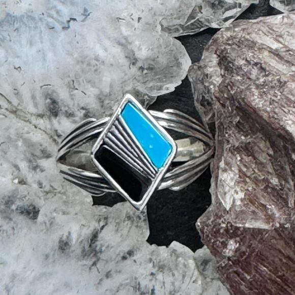Carolyn Pollack Sterling Diamond Shape Turquoise & Onyx Inlay Ring For Women - Picture 4 of 10
